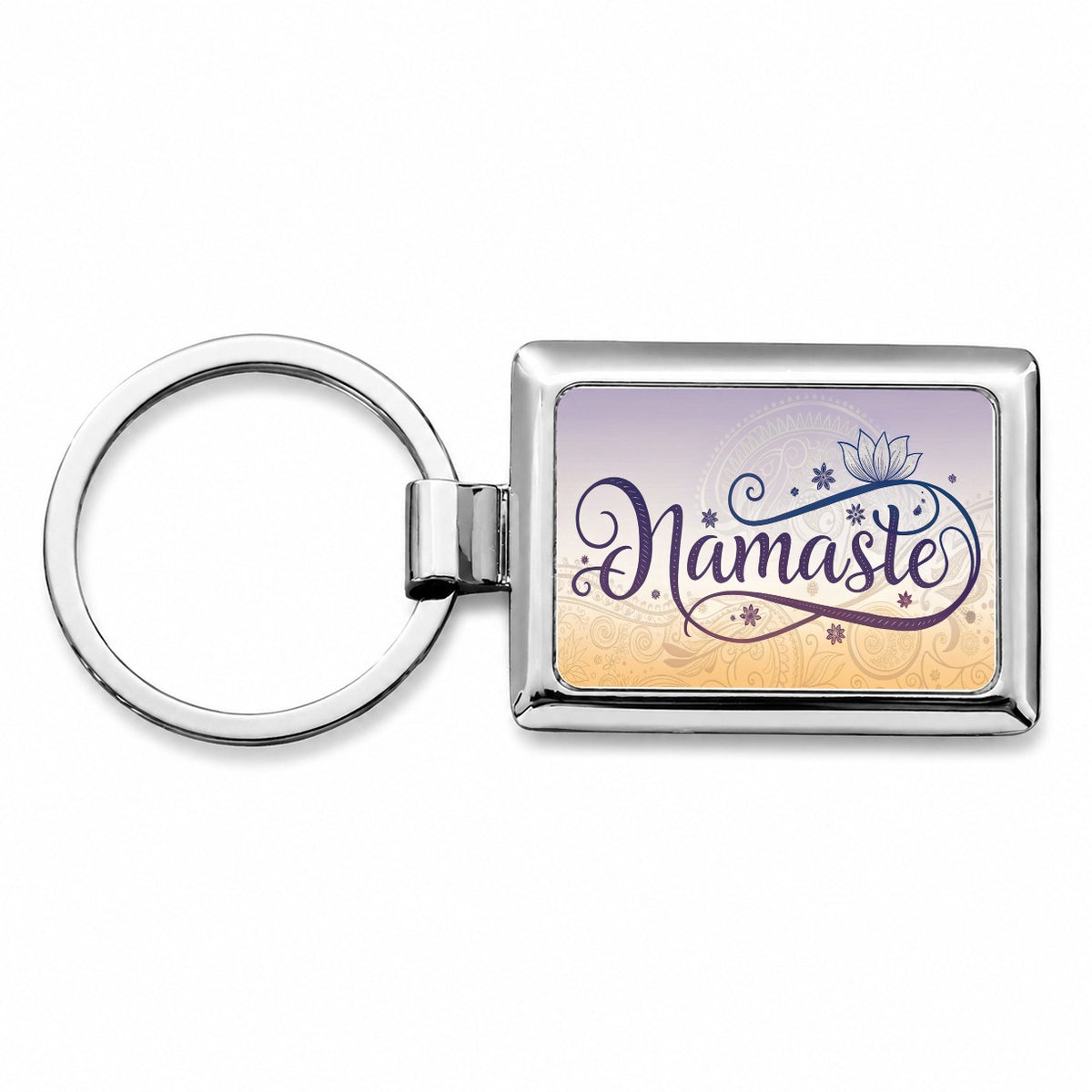 Namaste Yoga Lotus Flower Rectangle Metal Keychain