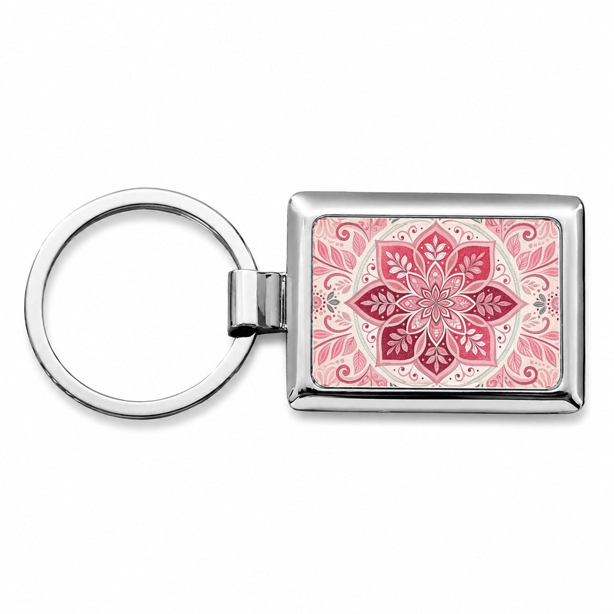 Pink Symmetrical Artistic Floral Pattern Rectangle Metal Keychain