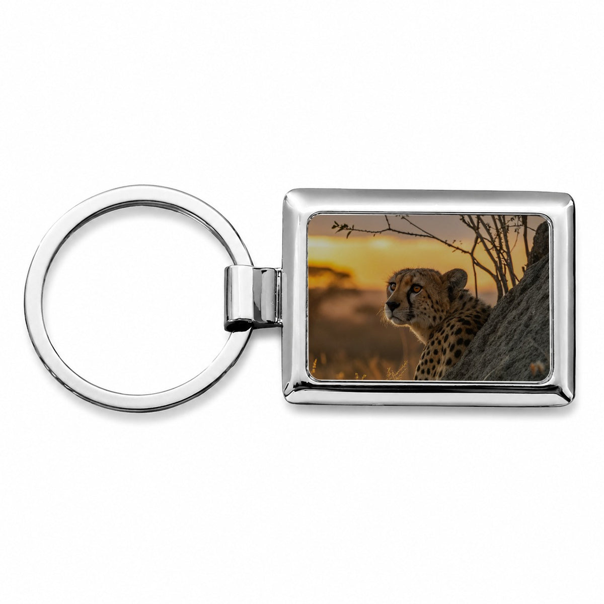 African Cheetah Safari Sunset Rectangle Metal Keychain