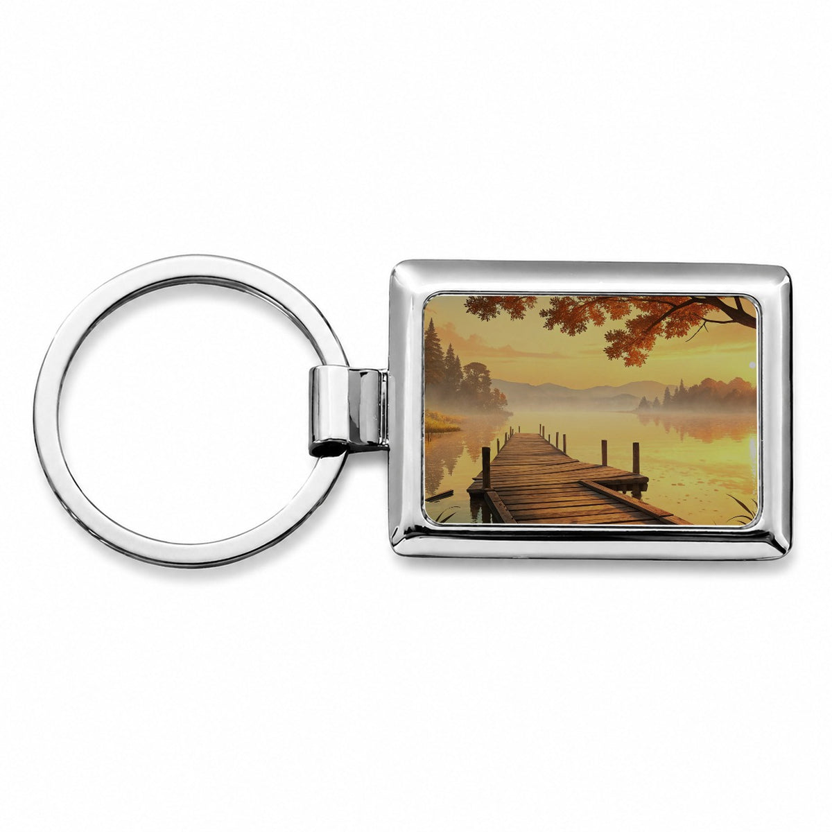 Autumn Lake Dock Sunset Rectangle Metal Keychain