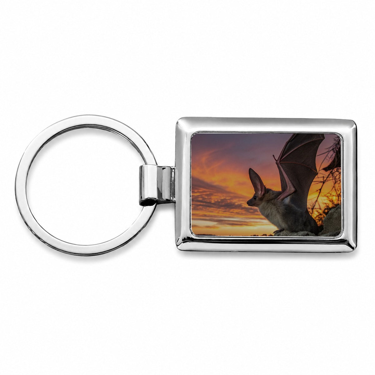 Bat Nature At Sunset Rectangle Metal Keychain