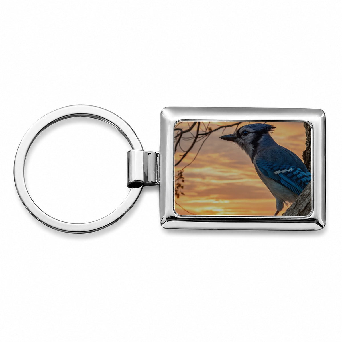Blue Jay At Sunset Rectangle Metal Keychain