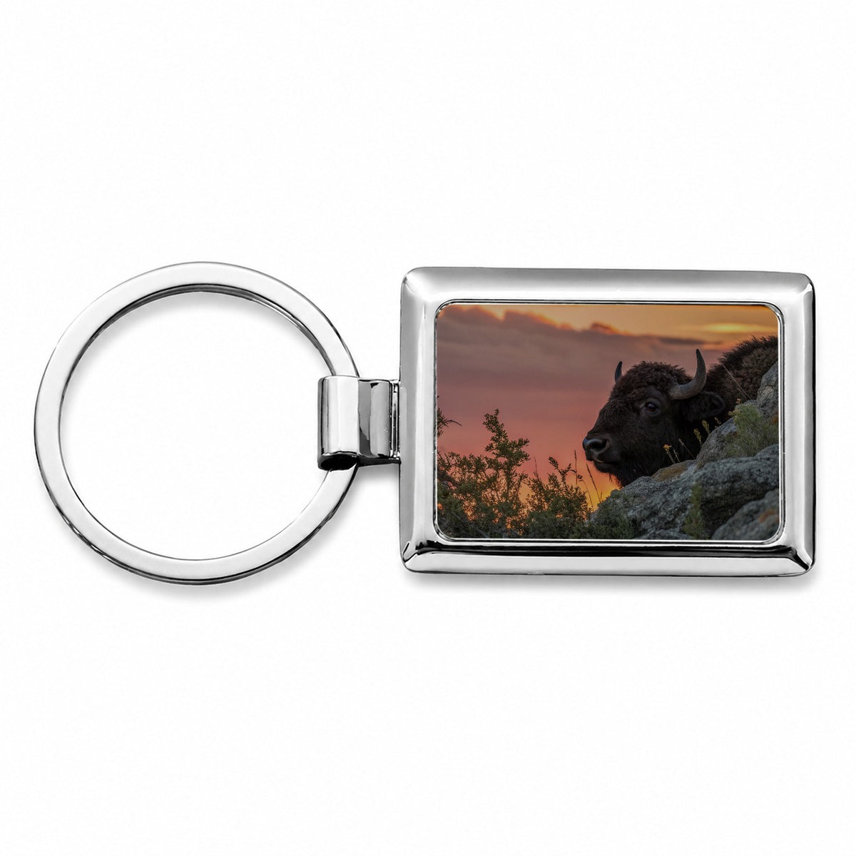 Buffalo At Sunset Rectangle Metal Keychain