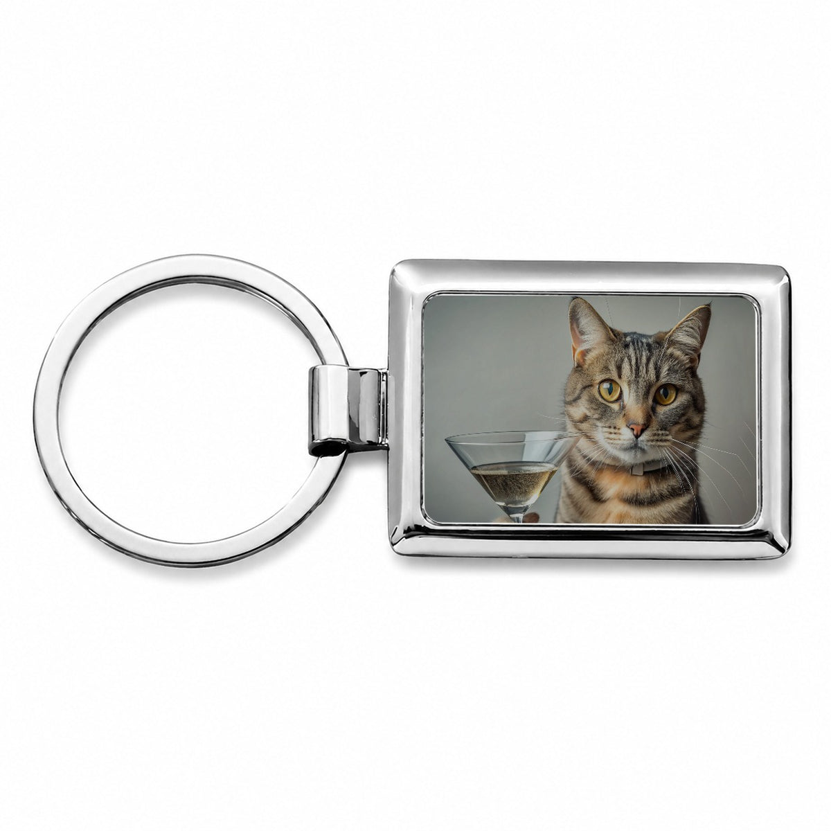 Cat Martini Glass Funny Rectangle Metal Keychain