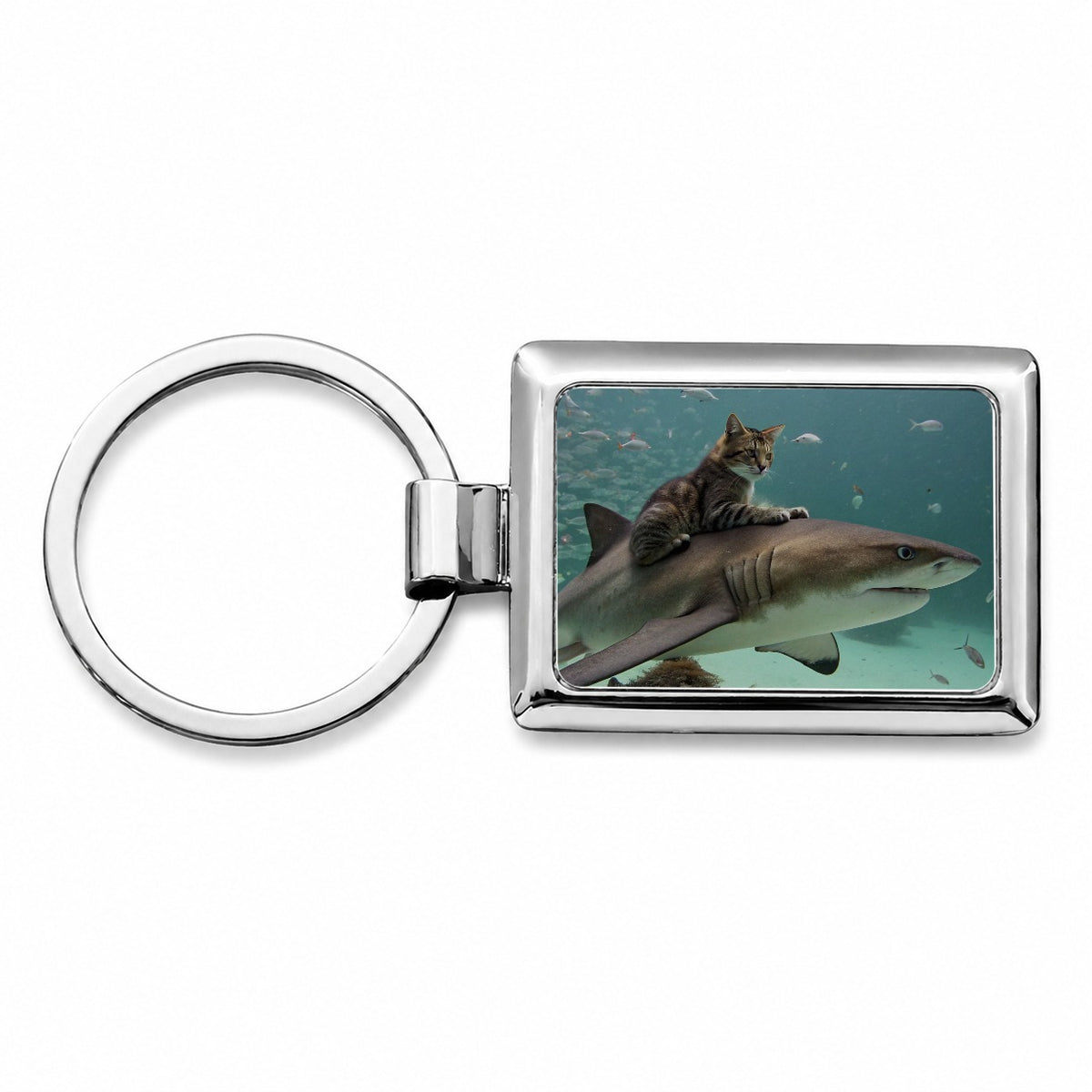 Cat Riding Shark Under Water Rectangle Metal Keychain
