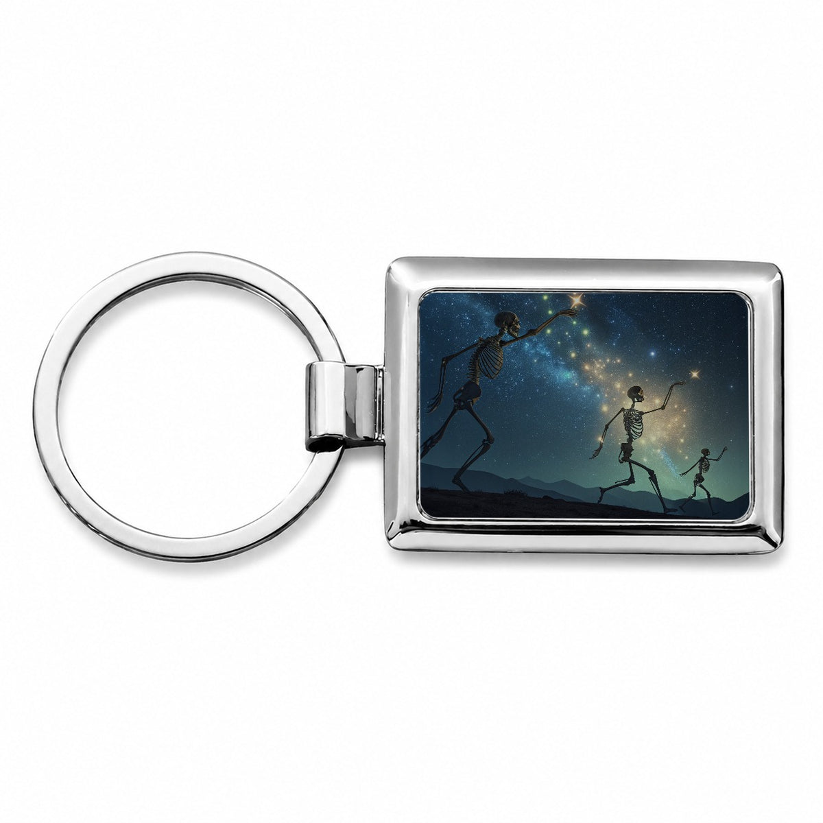 Celestial Dancing Skeletons Halloween Rectangle Metal Keychain