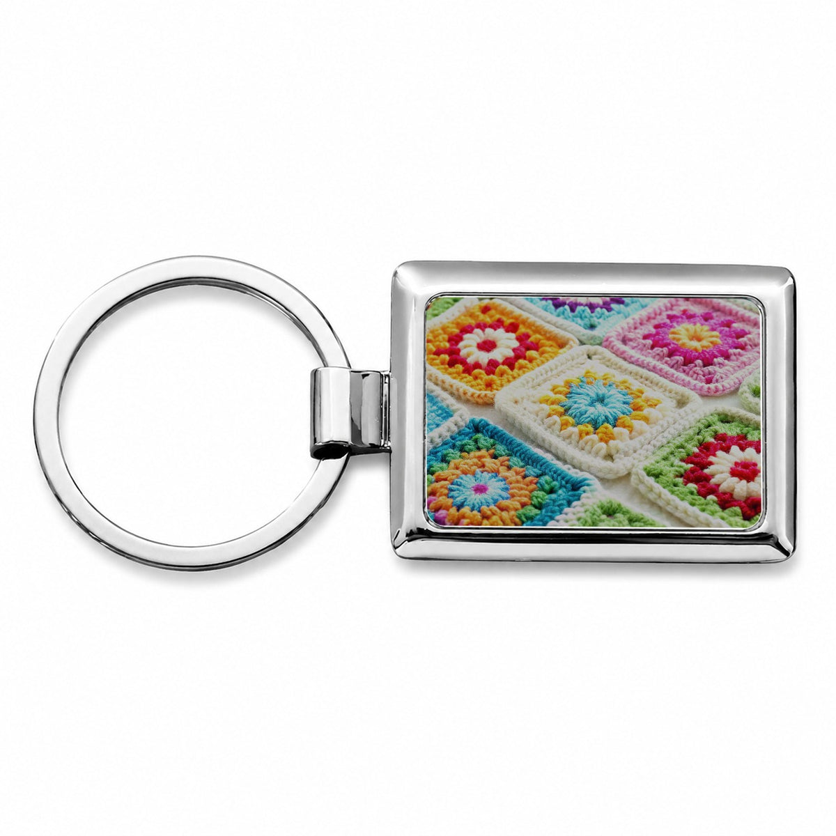 Colorful Crochet Granny Squares Rectangle Metal Keychain