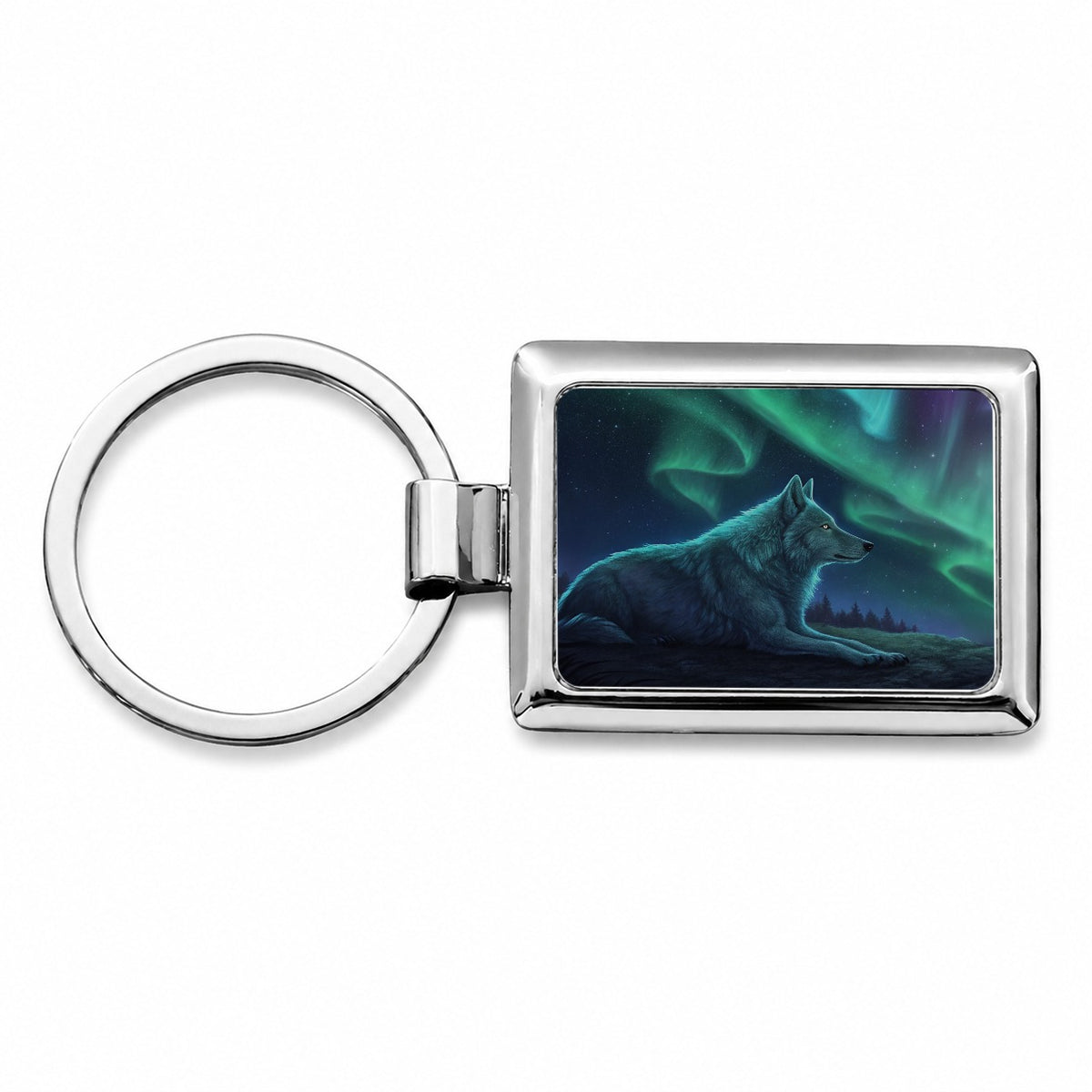 Cosmic Wolf Northern Lights Rectangle Metal Keychain