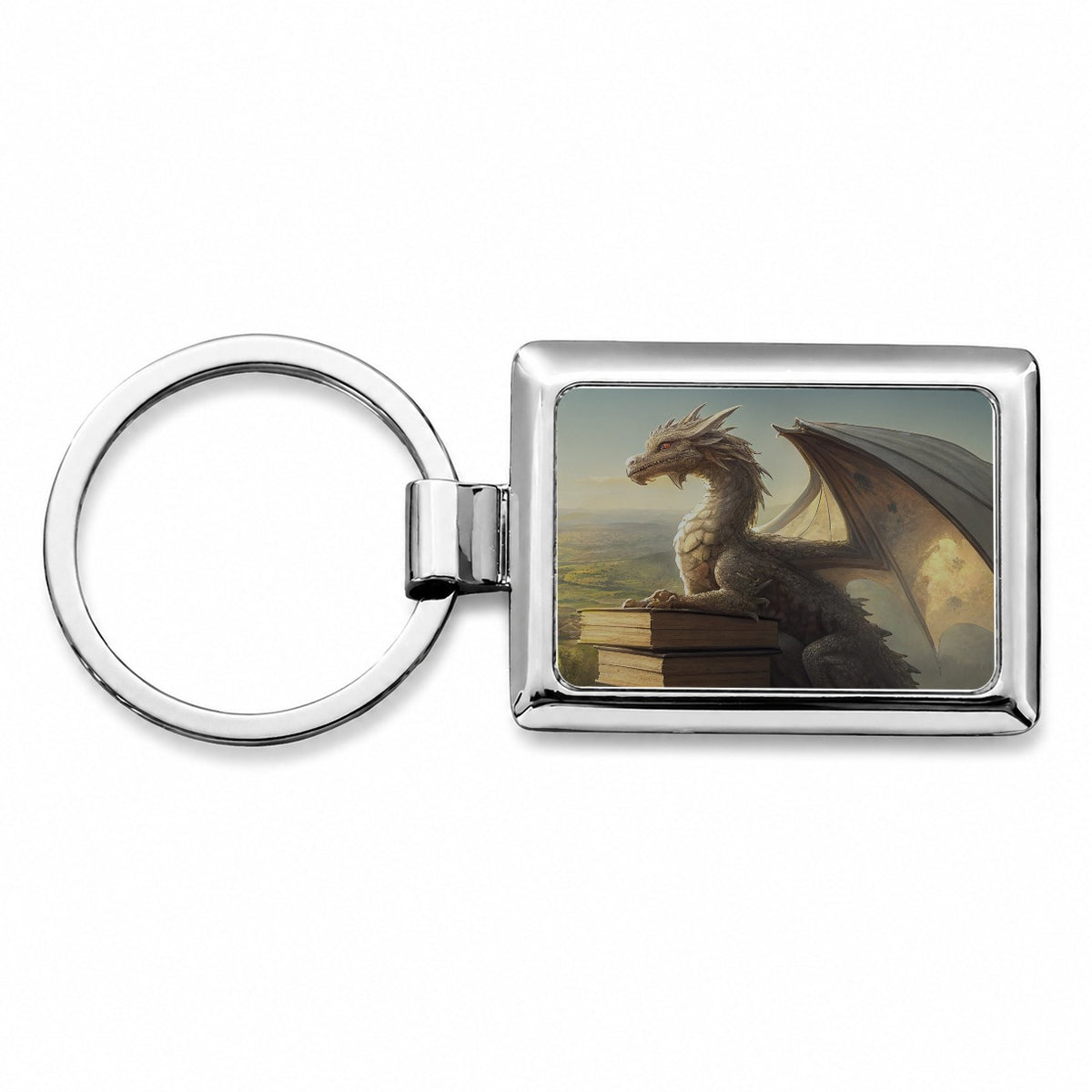 Dragon Books Reading Mountaintop Rectangle Metal Keychain