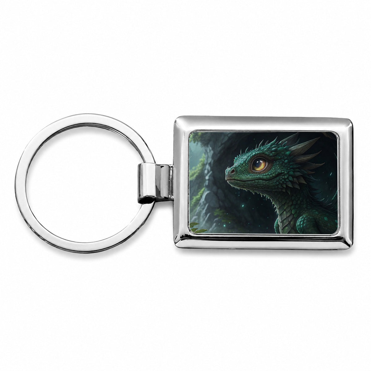 Fantasy Dragon Cave Scene Rectangle Metal Keychain