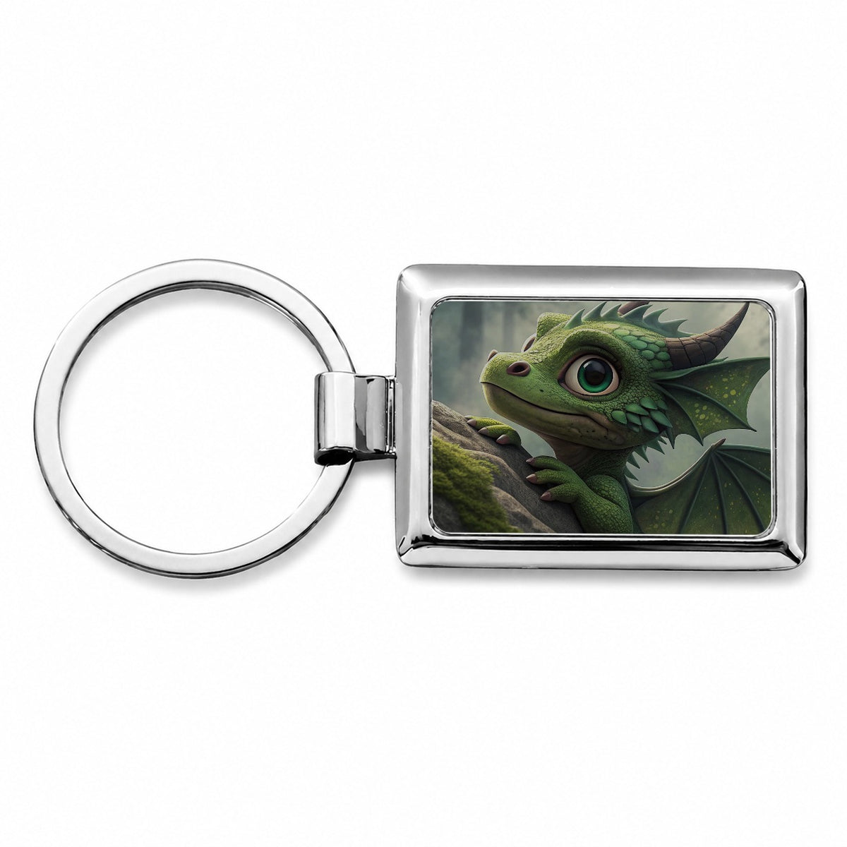 Fantasy Dragon Forest Scene Rectangle Metal Keychain