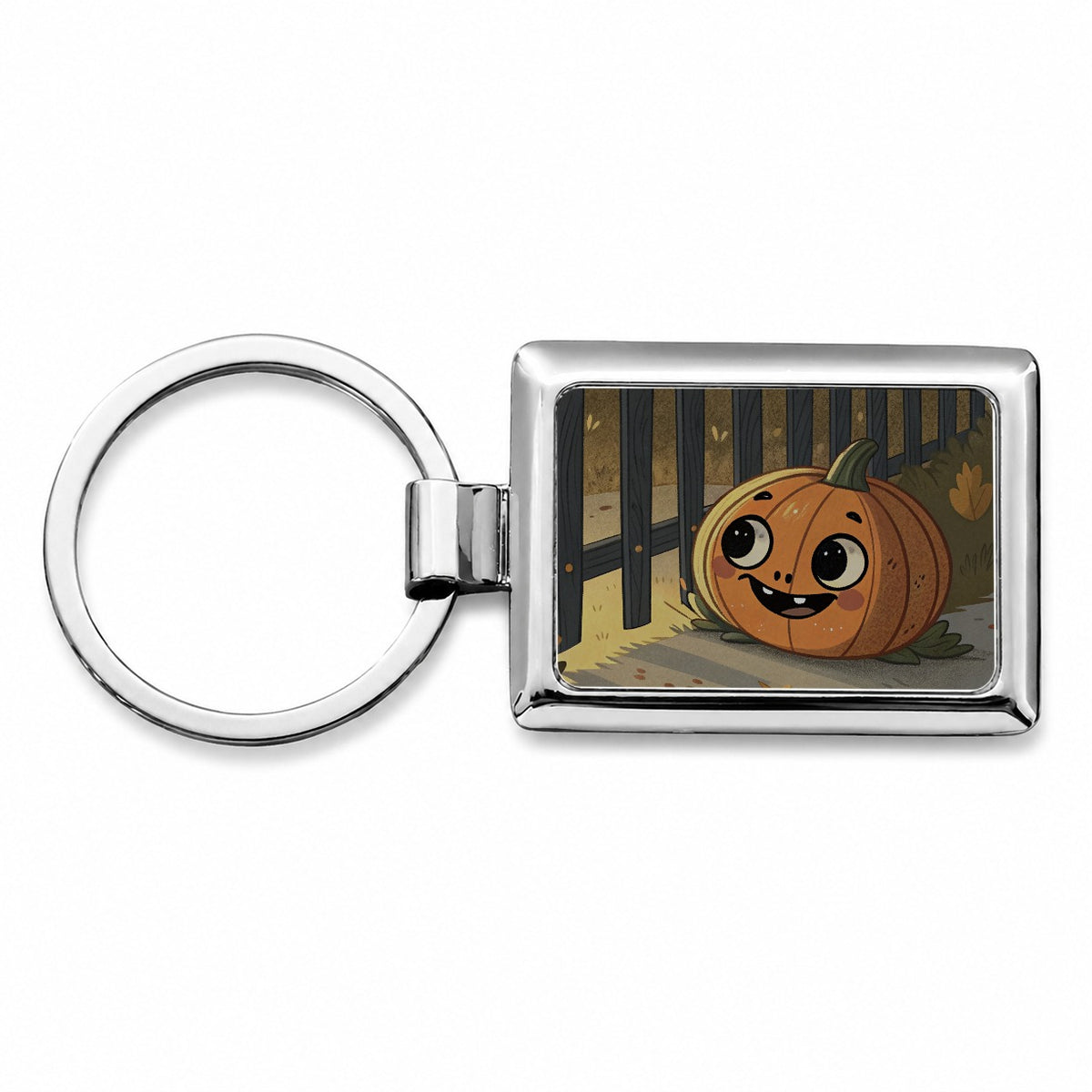 Halloween Pumpkin Jack O Lantern Fence Rectangle Metal Keychain