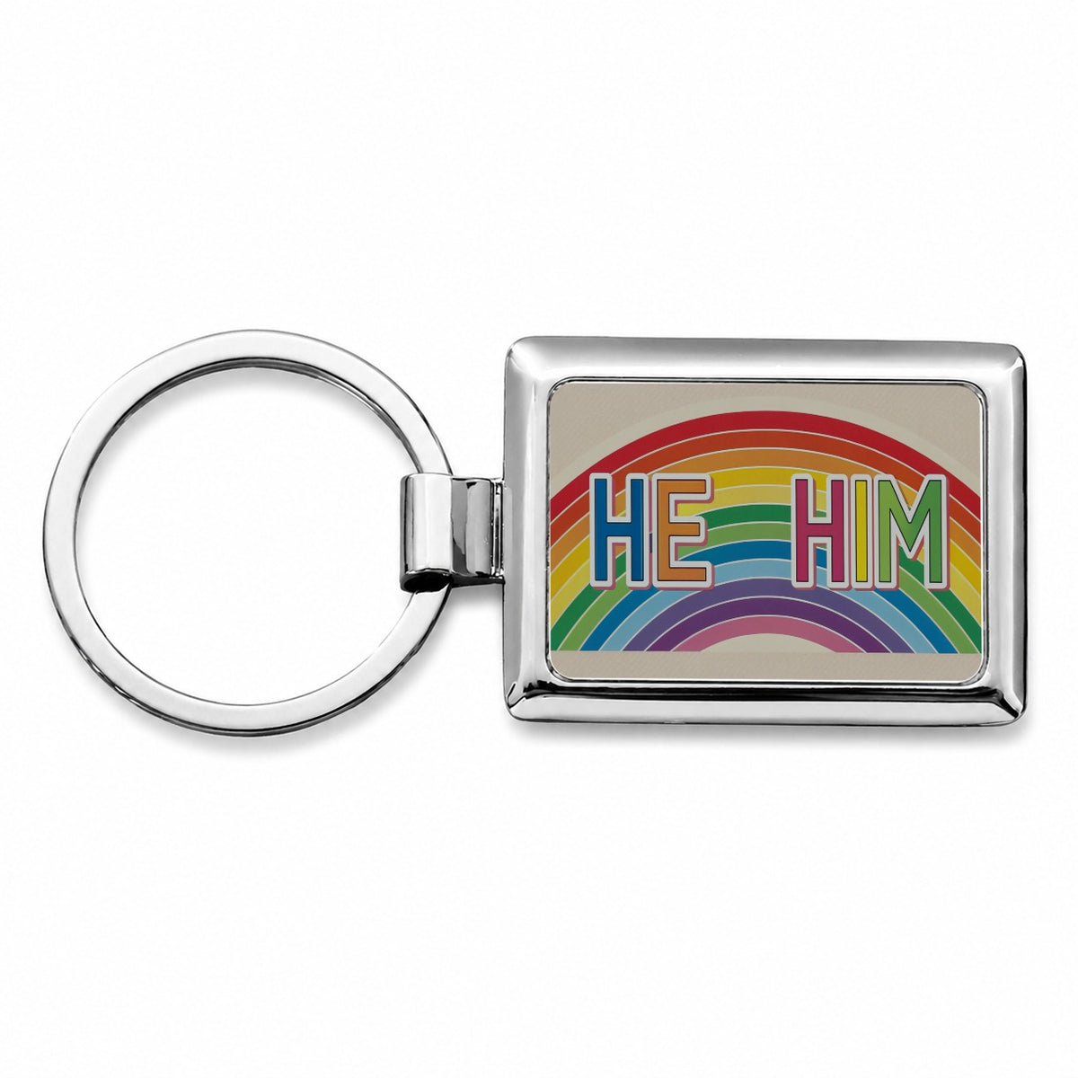 He Him Rainbow Love Pride Rectangle Metal Keychain