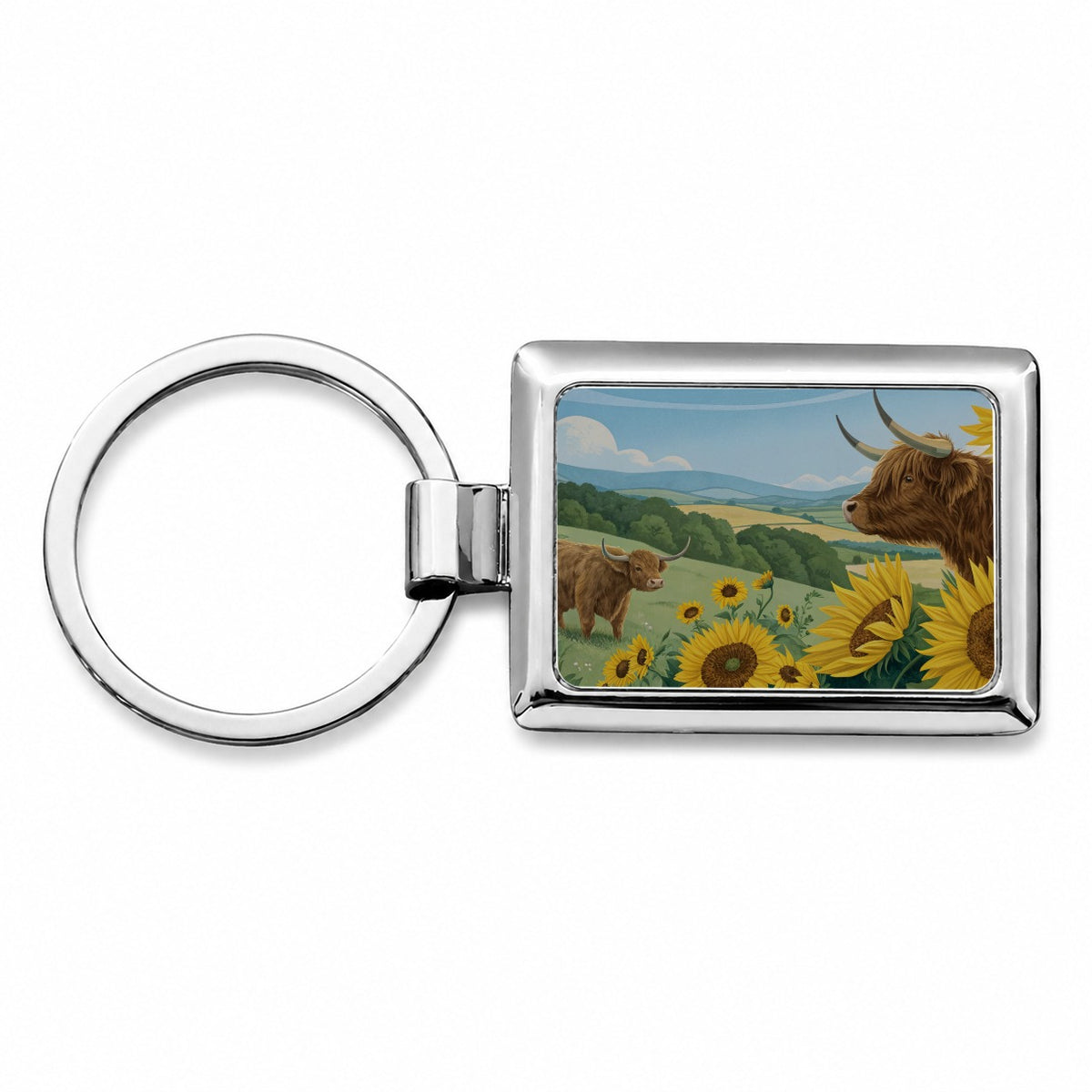 Highland Cows Sunflowers Field Rectangle Metal Keychain