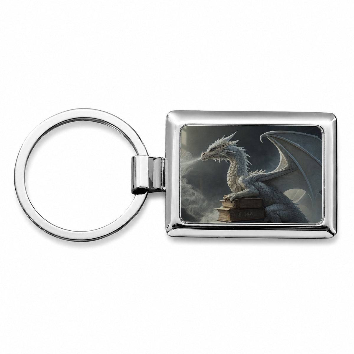 Misty Dragon Sitting On Books Rectangle Metal Keychain
