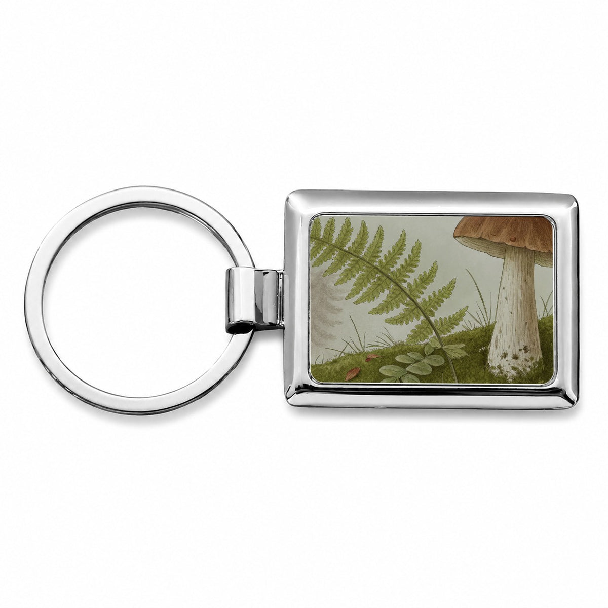 Mushroom Fern Nature Illustration Rectangle Metal Keychain