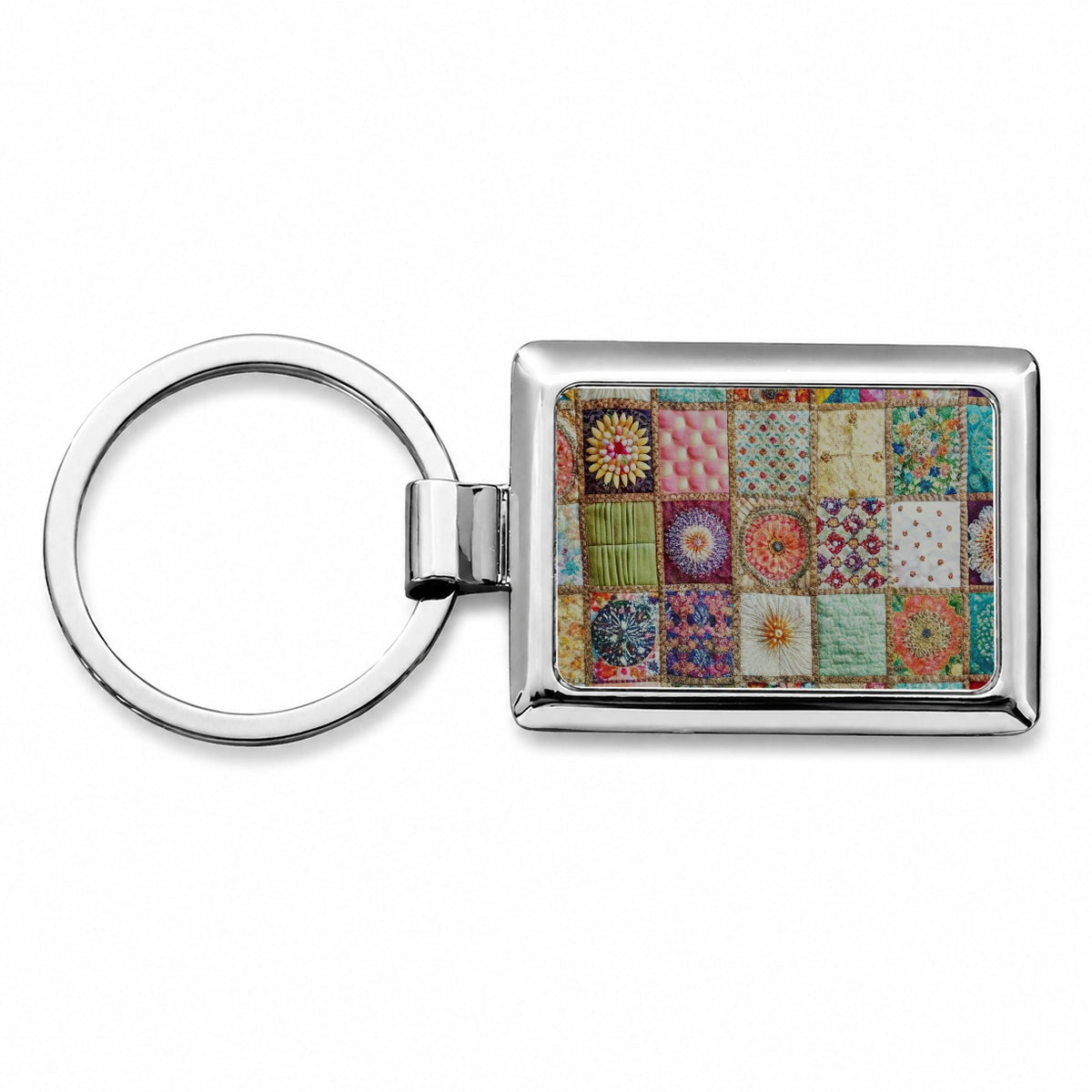 Patchwork Quilt Bohemian Rectangle Metal Keychain