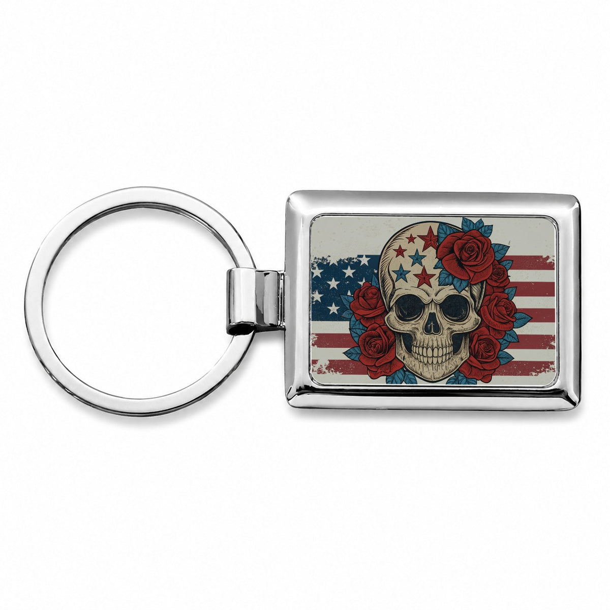 Patriotic Skull American Flag Distressed Rectangle Metal Keychain