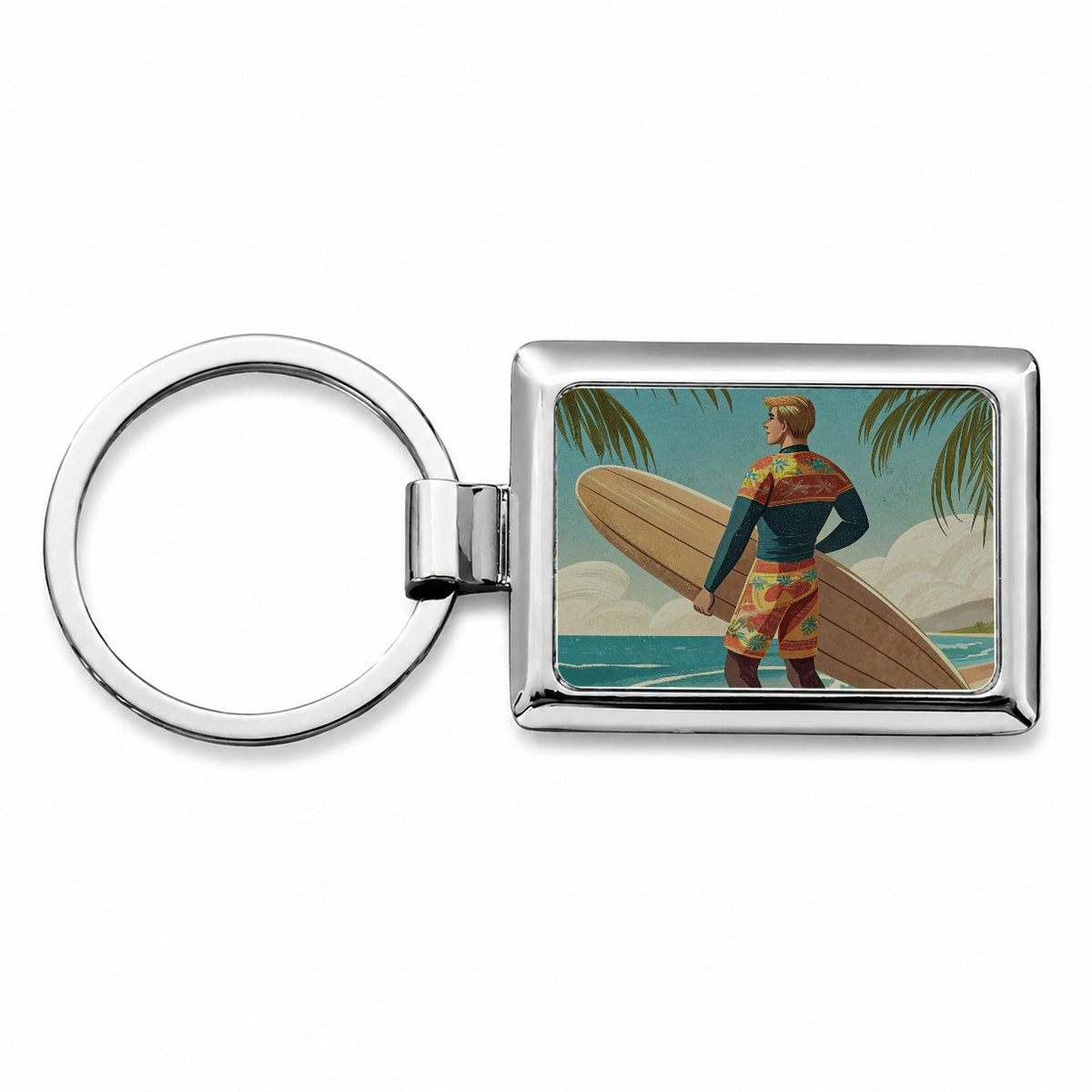 Retro Surfer Beach Scene Rectangle Metal Keychain
