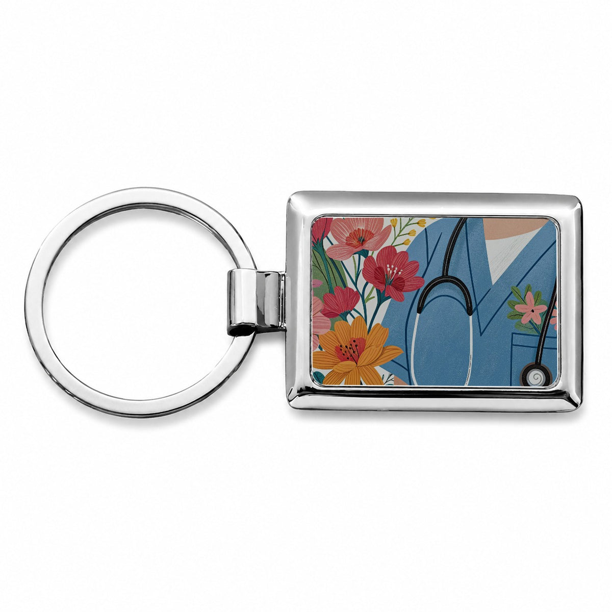RN LVN Floral Nurse Rectangle Metal Keychain