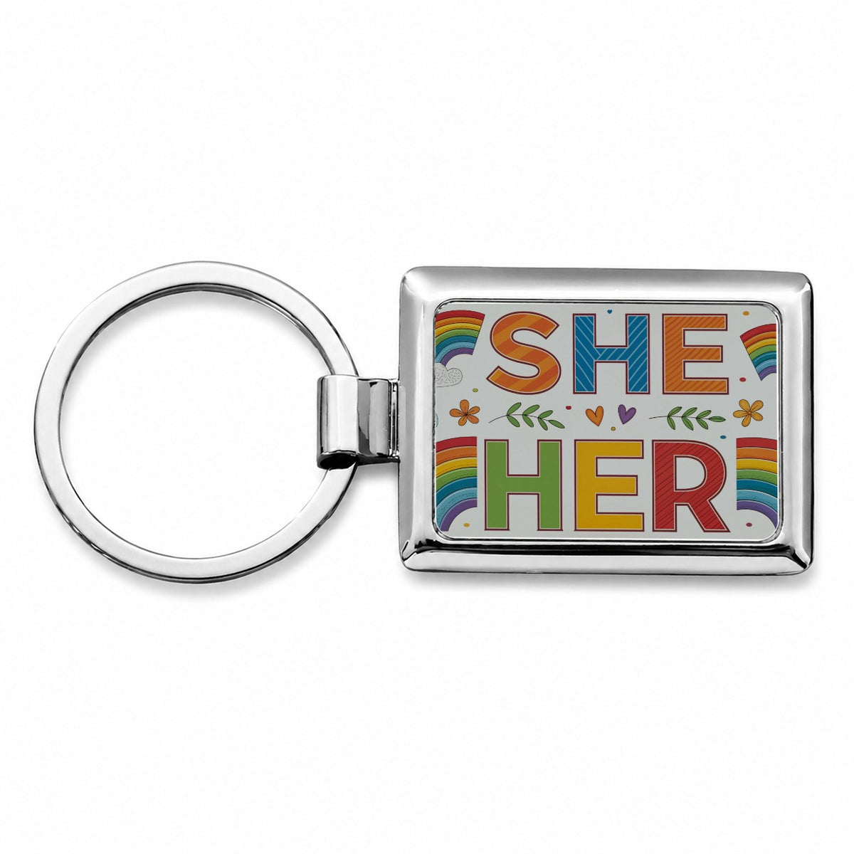 She Her Rainbow Pride Rectangle Metal Keychain