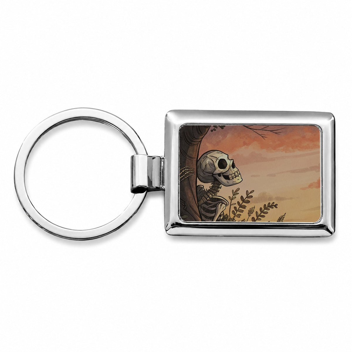 Skeleton Meadow Sunset Halloween Rectangle Metal Keychain