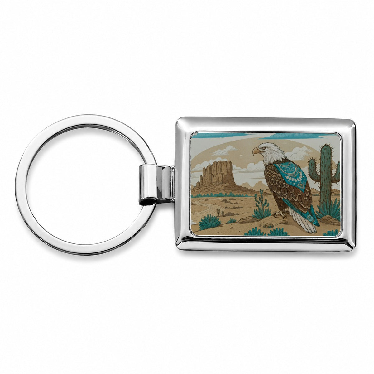 Southwestern Bald Eagle Desert Rectangle Metal Keychain