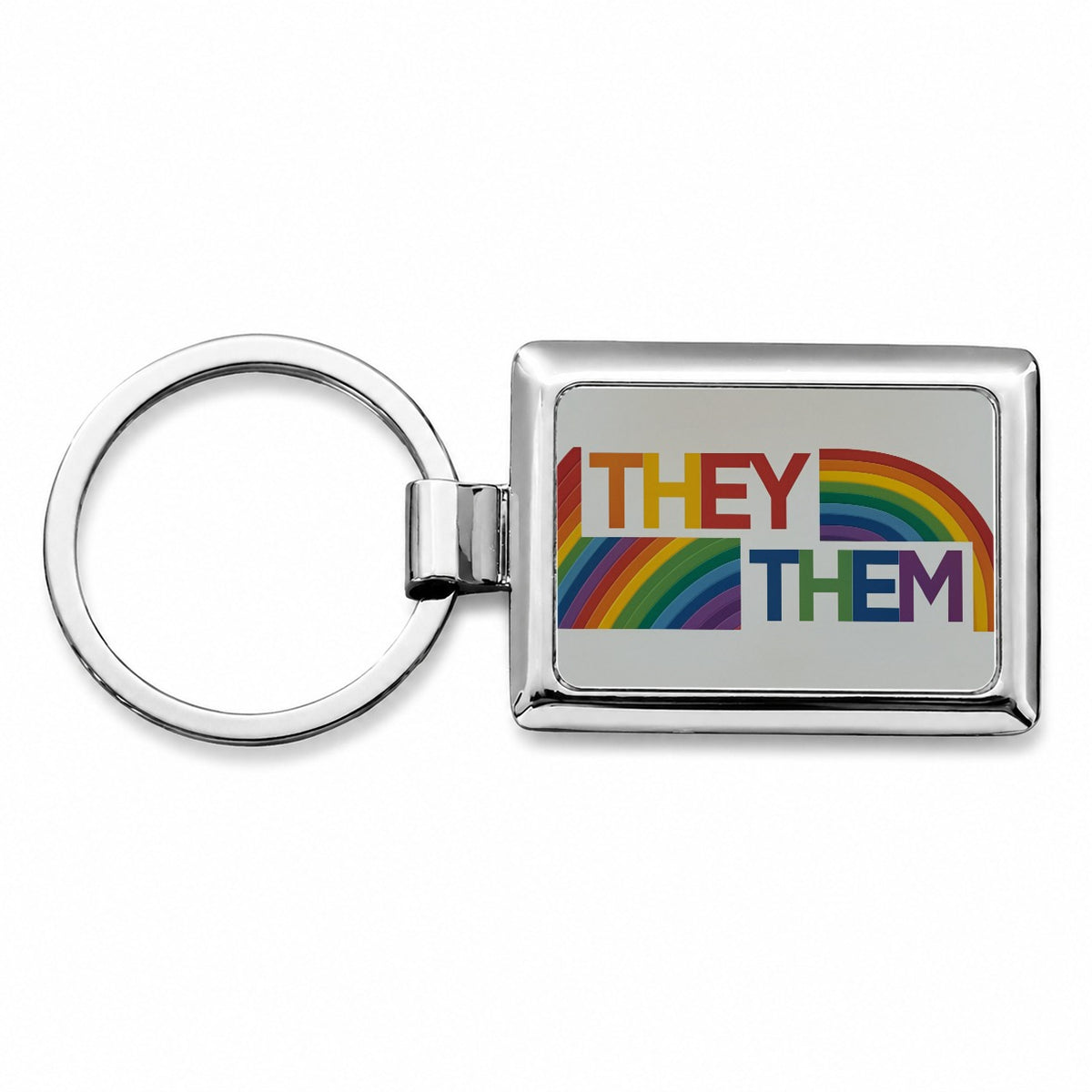 They Them Rainbow Pride Rectangle Metal Keychain