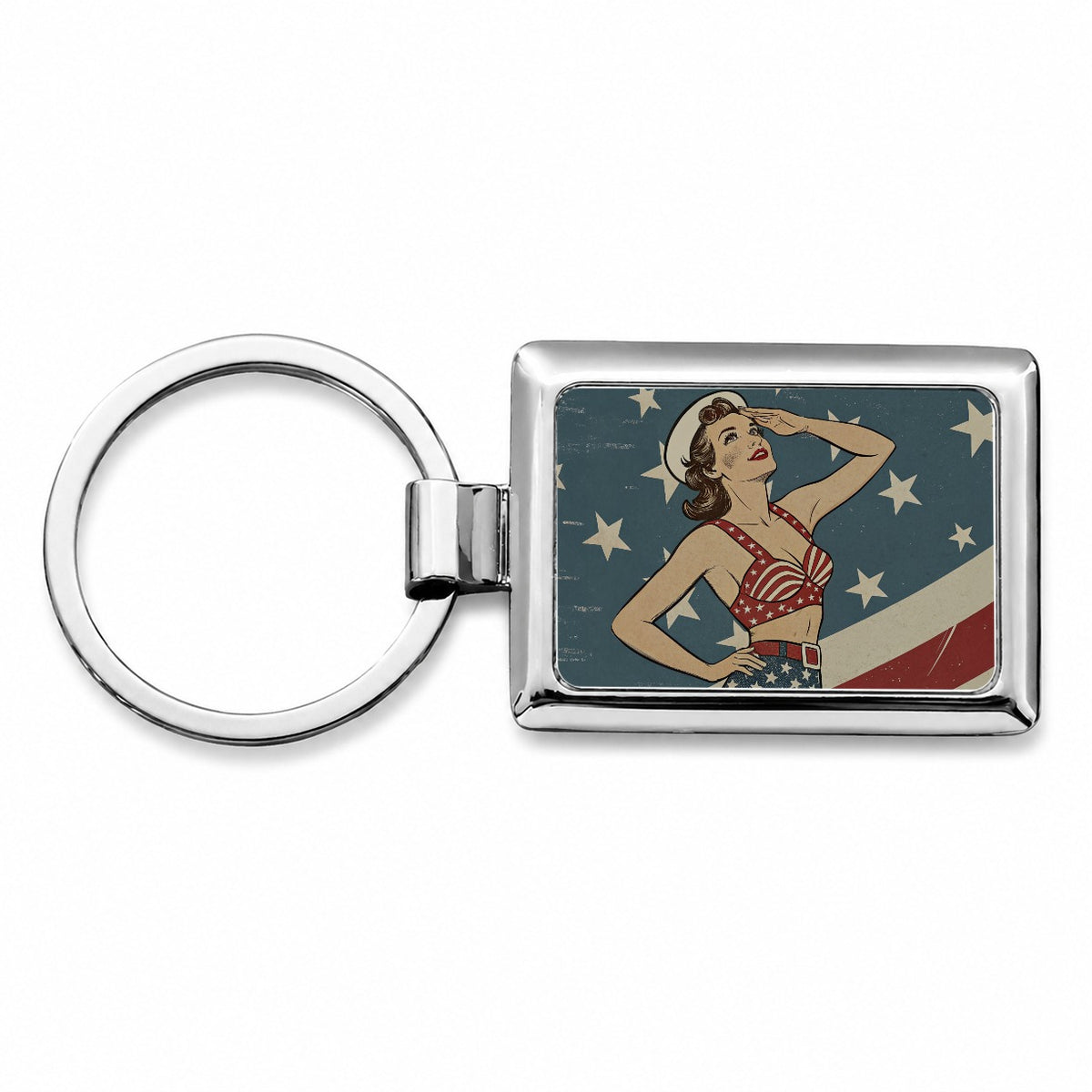 Vintage American Flag Pinup Woman Rectangle Metal Keychain