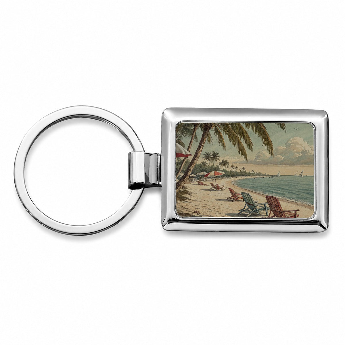 Vintage Beach Scene Holiday Rectangle Metal Keychain