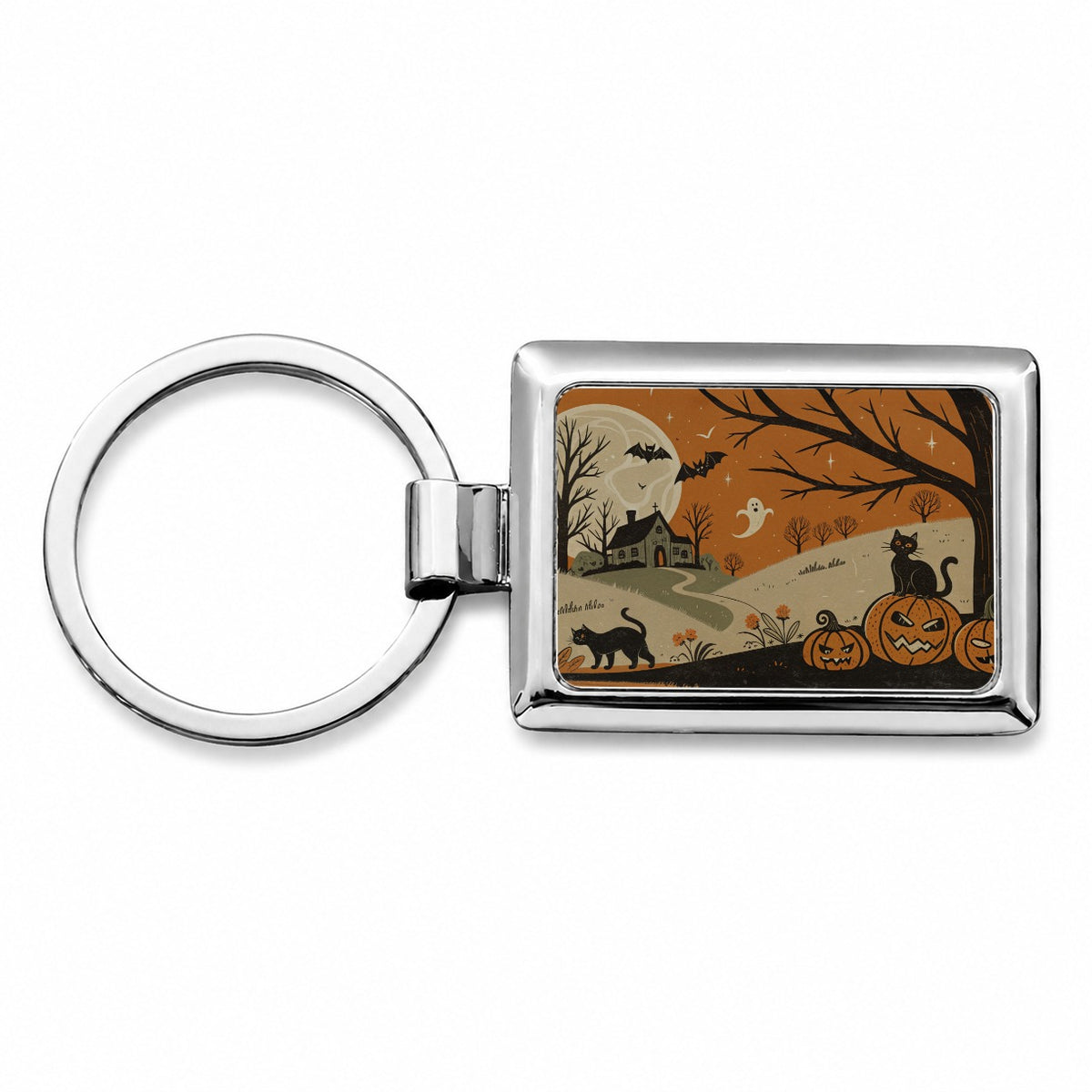 Vintage Halloween Black Cats Rectangle Metal Keychain