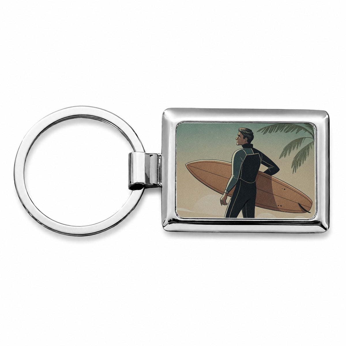 Vintage Surfer Beach Scene Rectangle Metal Keychain