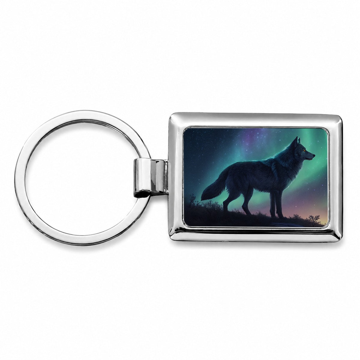 Wolf Beneath Aurora Borealis Rectangle Metal Keychain