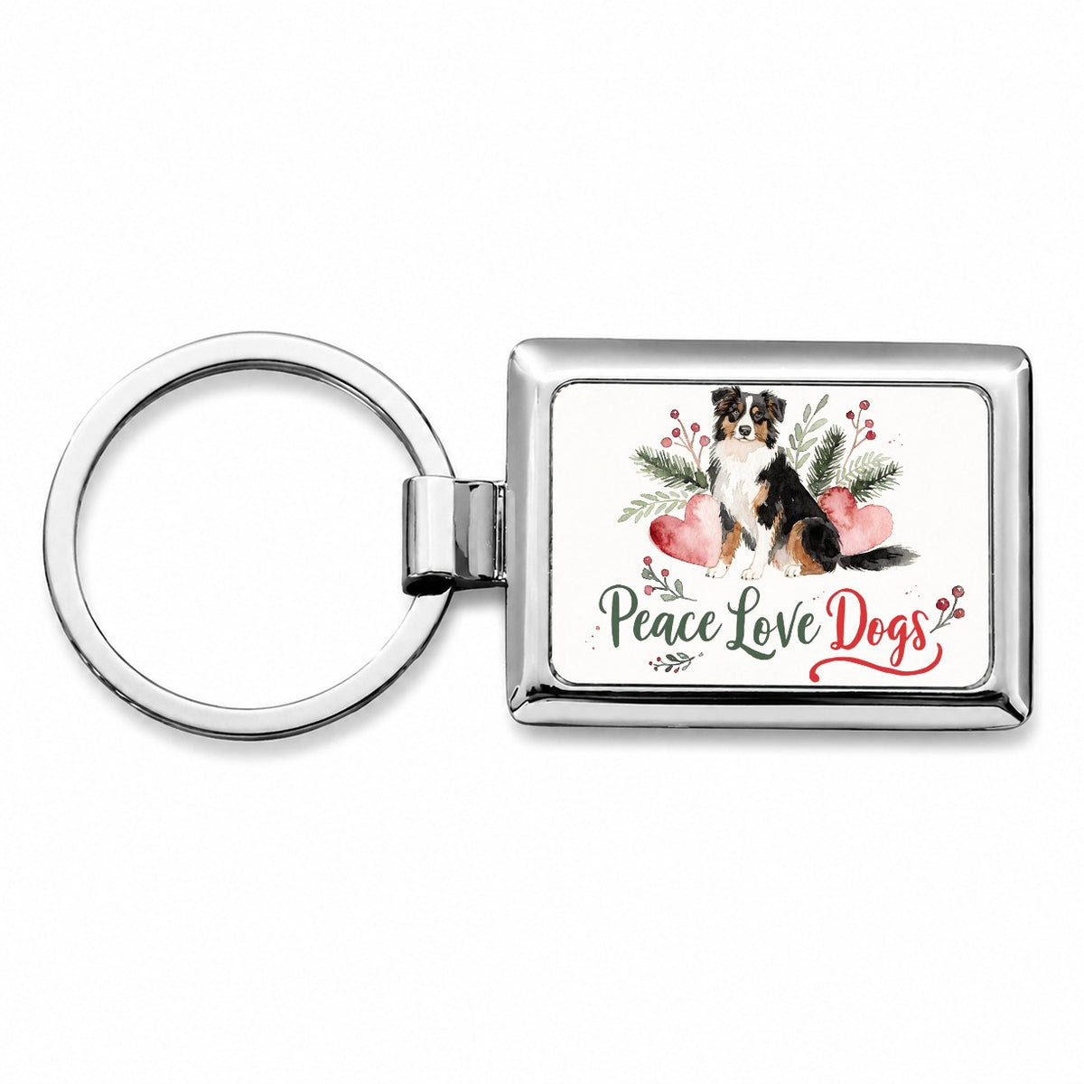 Australian Shepherd Peace Love Dogs Christmas Rectangle Metal Keychain