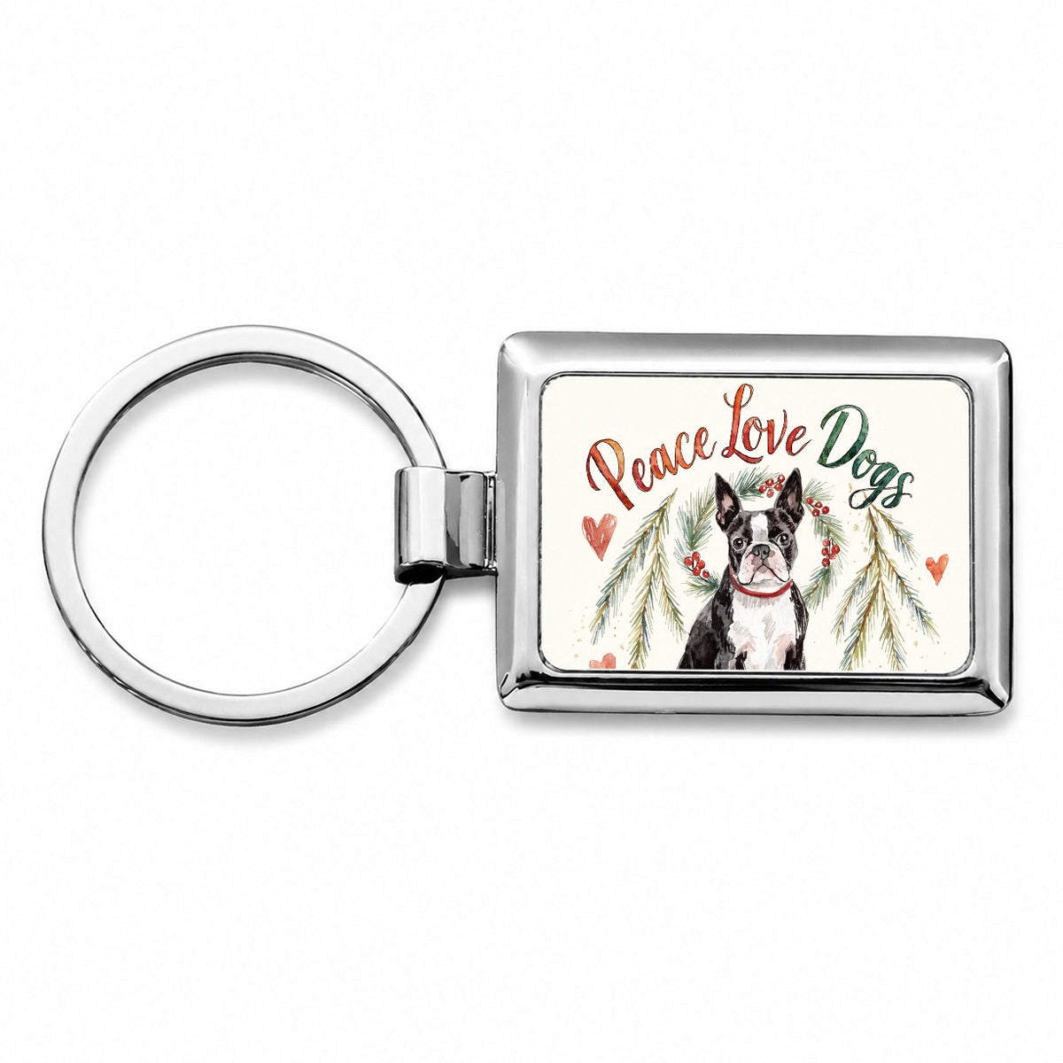 Boston Terrier Peace Love Dogs Christmas Rectangle Metal Keychain
