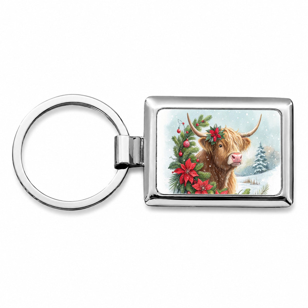 Christmas Highland Cow Rectangle Metal Keychain