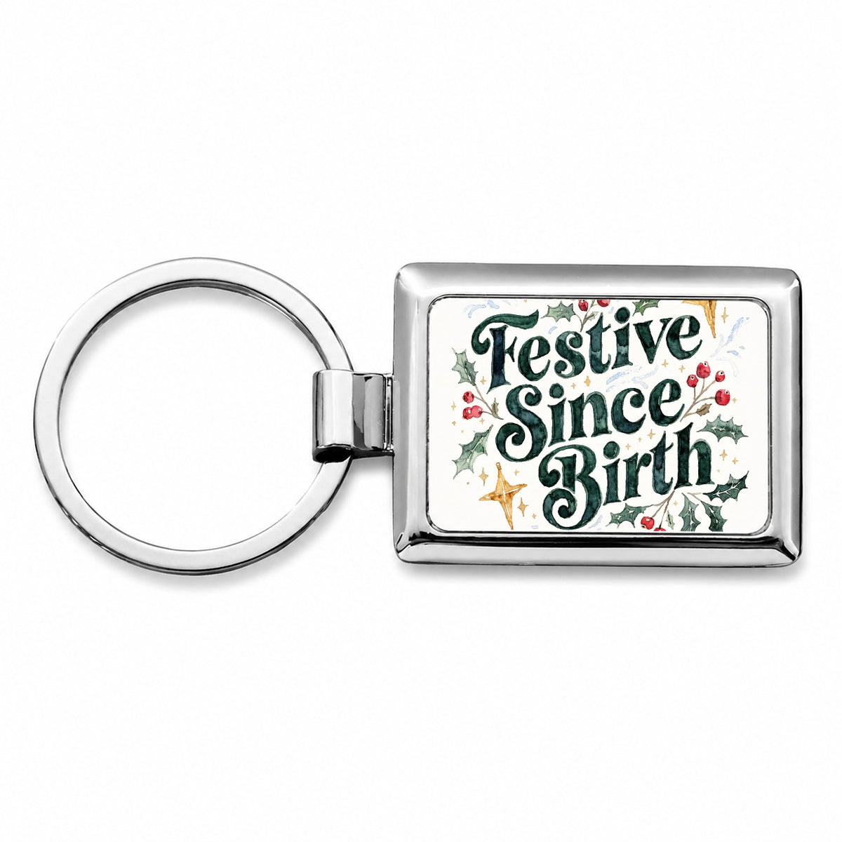 Festive Since Birth Christmas Script Rectangle Metal Keychain