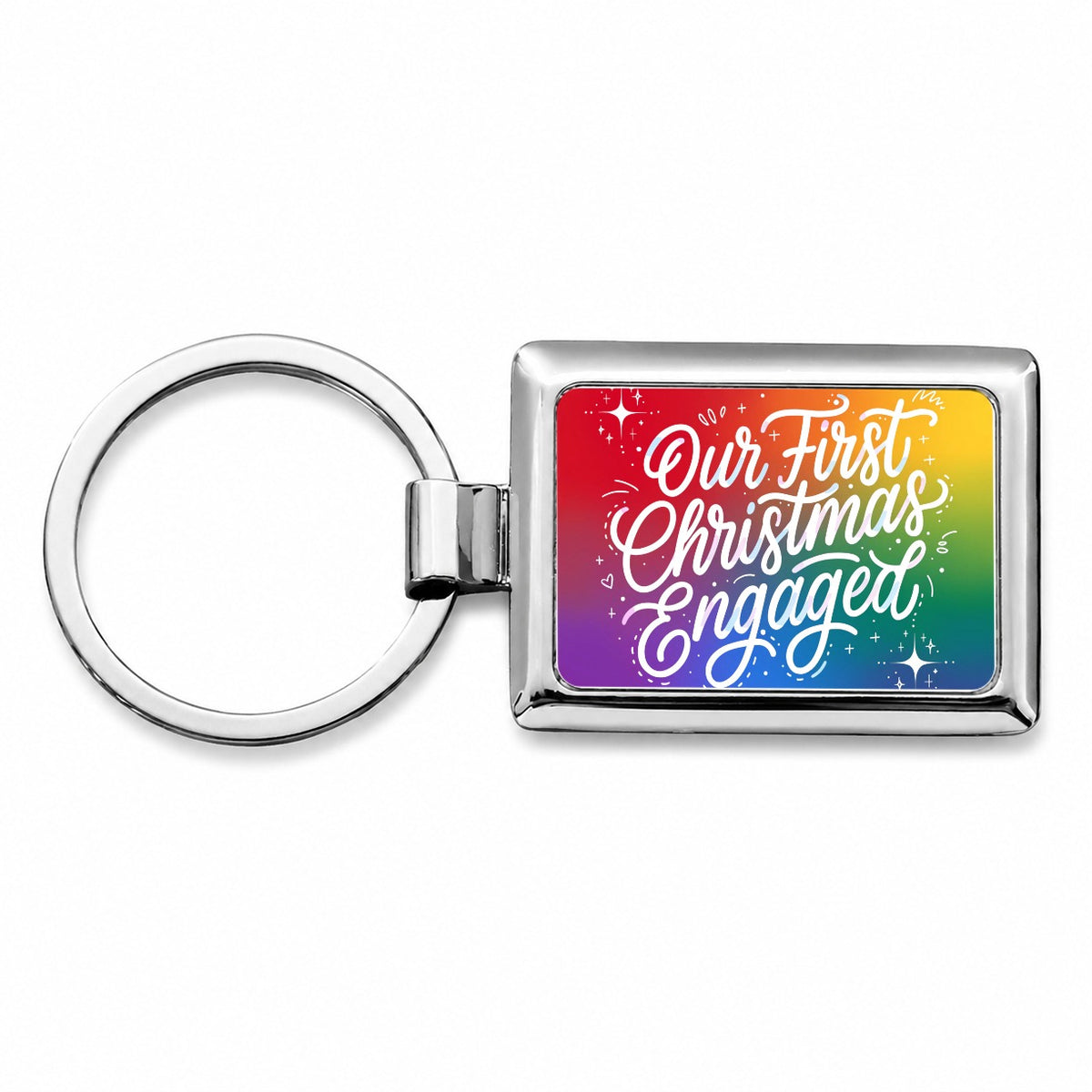 First Christmas Engaged Pride LGBTQ Rainbow Rectangle Metal Keychain