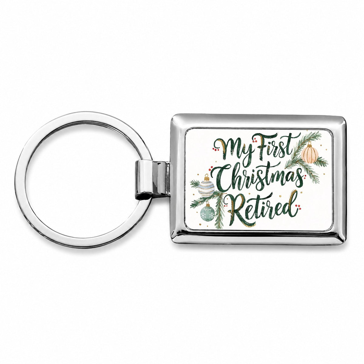First Christmas Retired Script Rectangle Metal Keychain