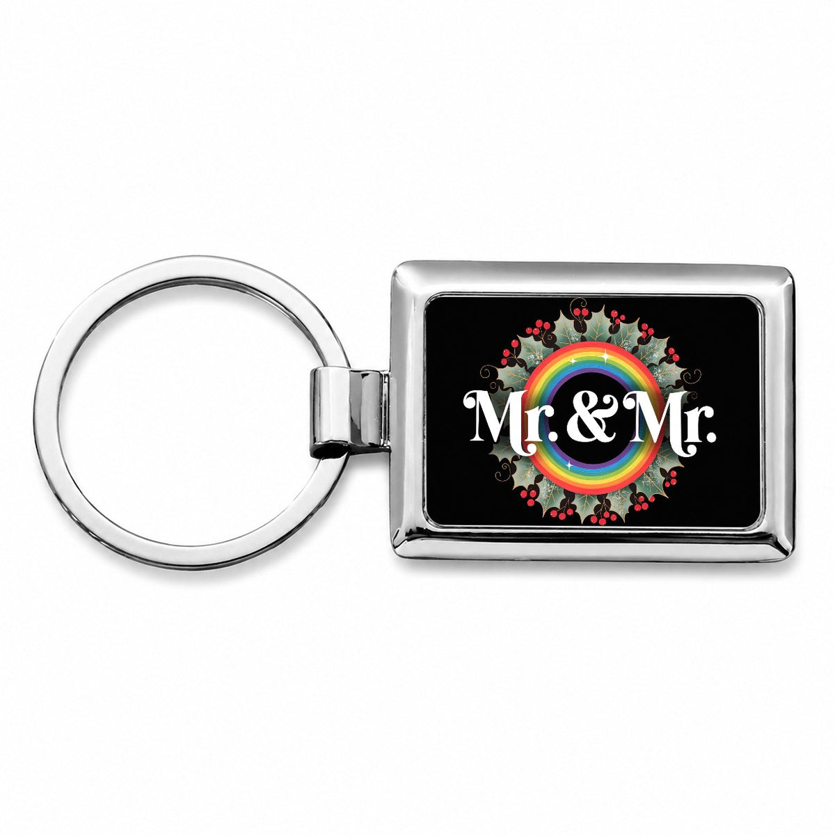 Mr and Mr Pride Gay Rainbow Christmas Wreath Rectangle Metal Keychain
