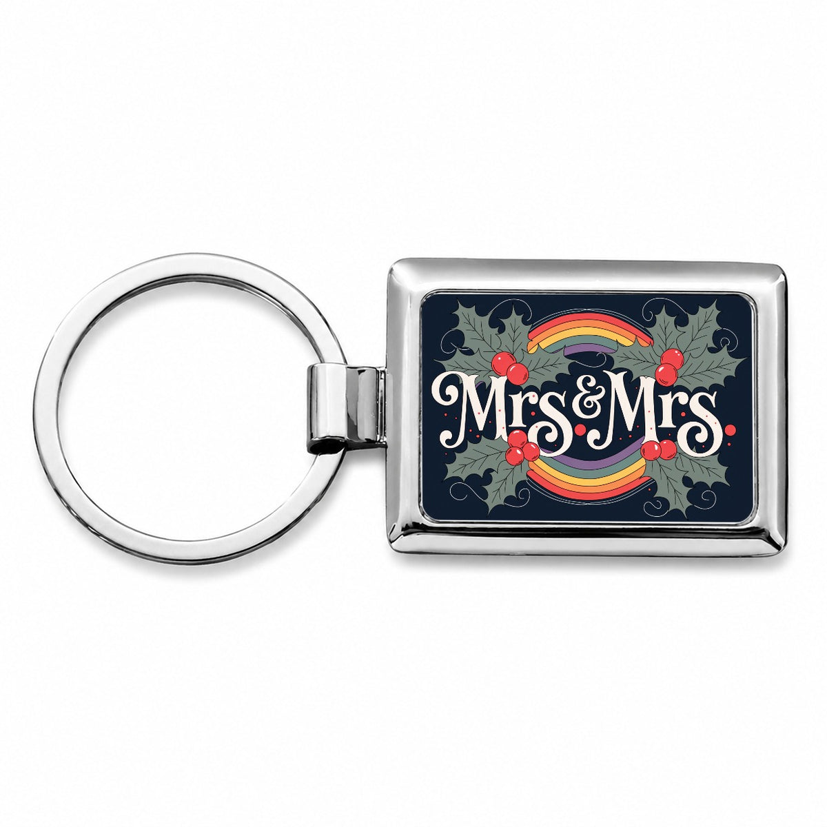 Mrs and Mrs Pride Gay Lesbian LGBTQ Double Rainbow Christmas Rectangle Metal Keychain