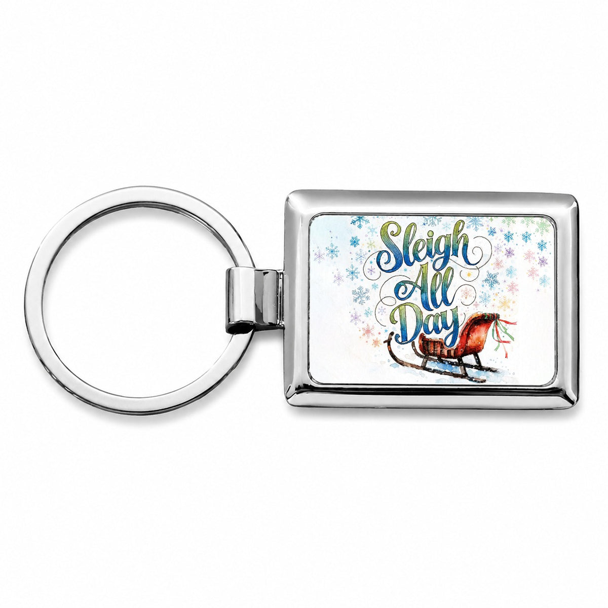 Sleigh Slay All Day Christmas Funny Snowflakes Rectangle Metal Keychain