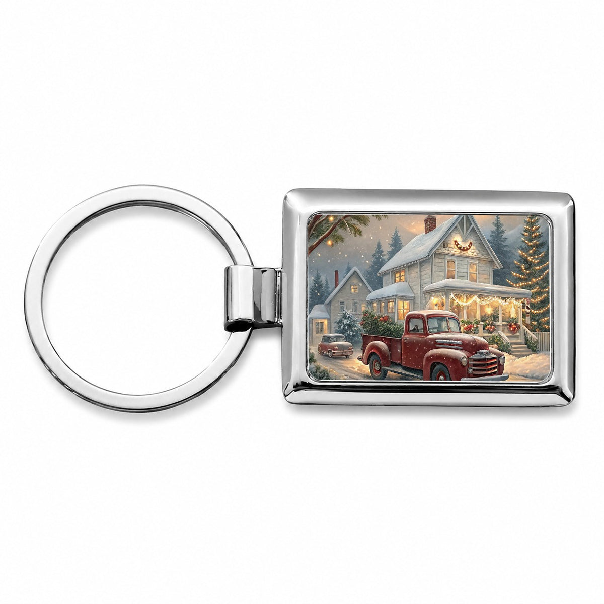 Vintage Americana Christmas Red Truck Rectangle Metal Keychain