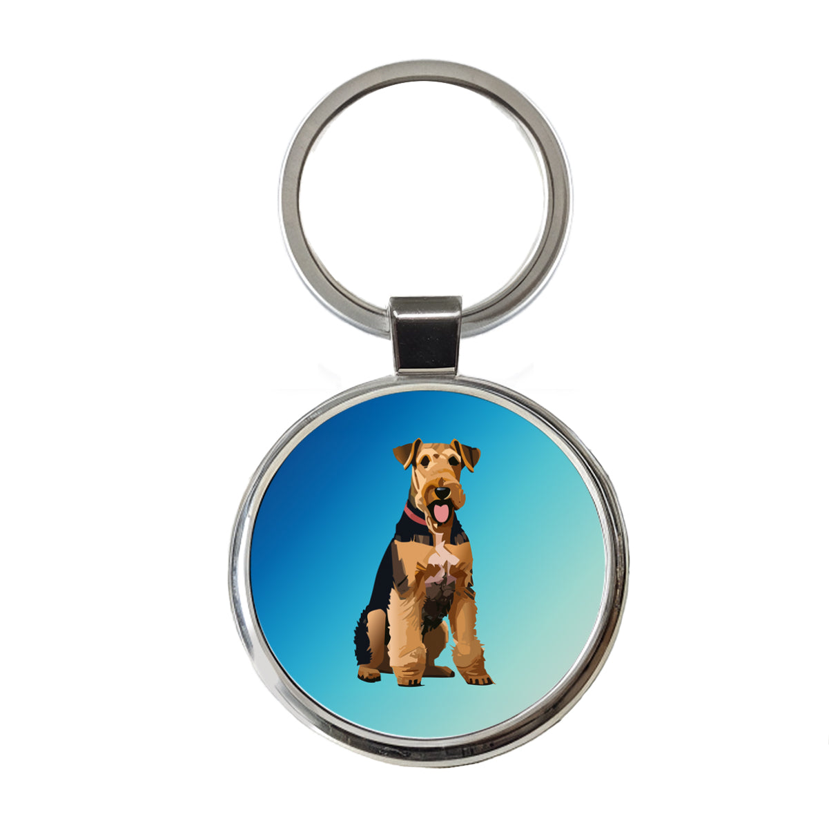 Airedale Terrier Dog Sitting Round Metal Keychain
