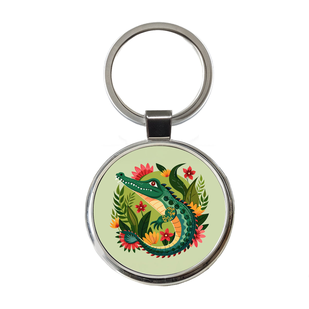Alligator Floral Flowers Round Metal Keychain