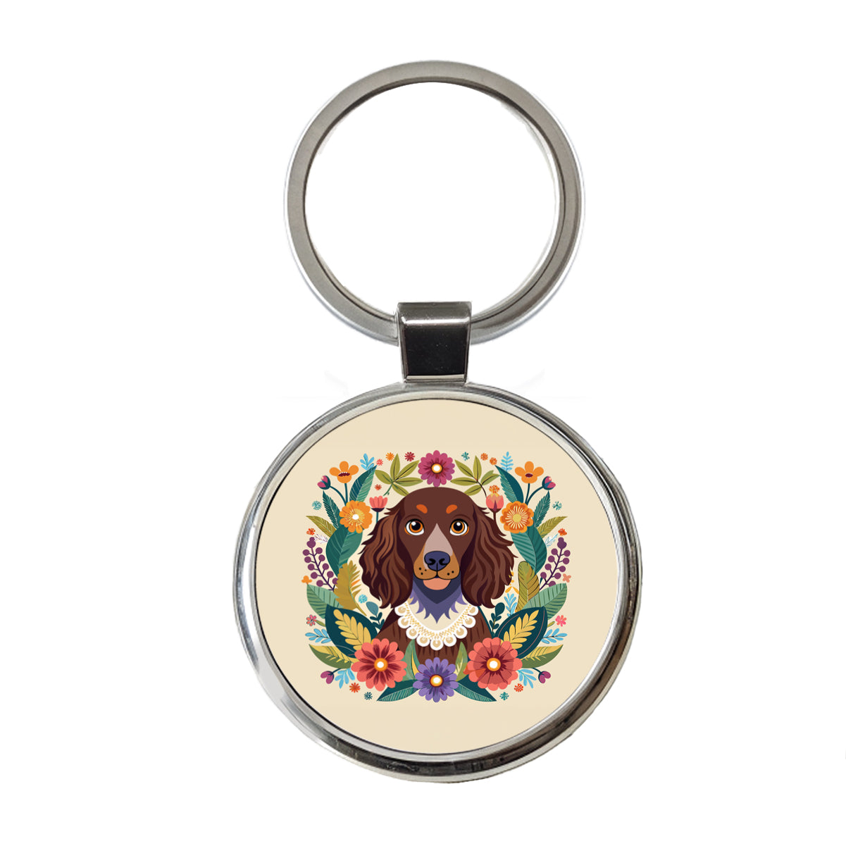 American Water Spaniel Dog Floral Flowers Round Metal Keychain
