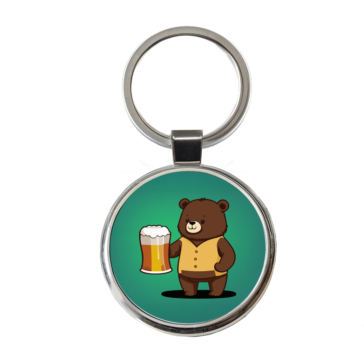 Bear Drinking Beer Standing Funny Round Metal Keychain