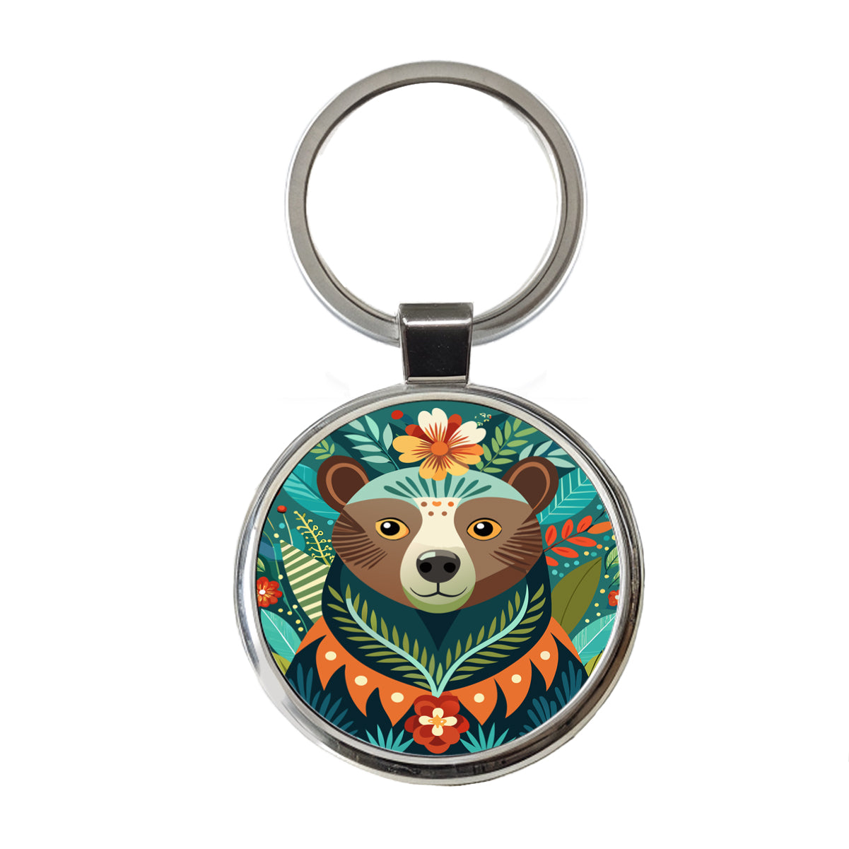 Bear Floral Flowers Round Metal Keychain