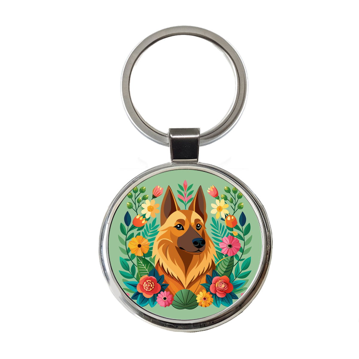 Belgian Shepherd Dog Floral Flowers Round Metal Keychain