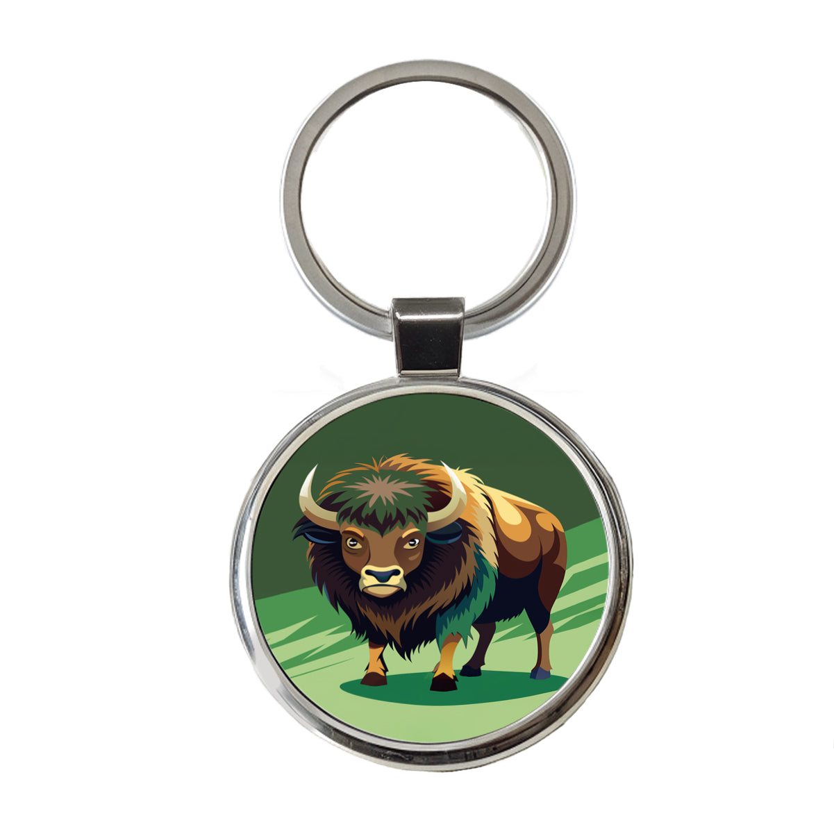 Bison Staring Round Metal Keychain